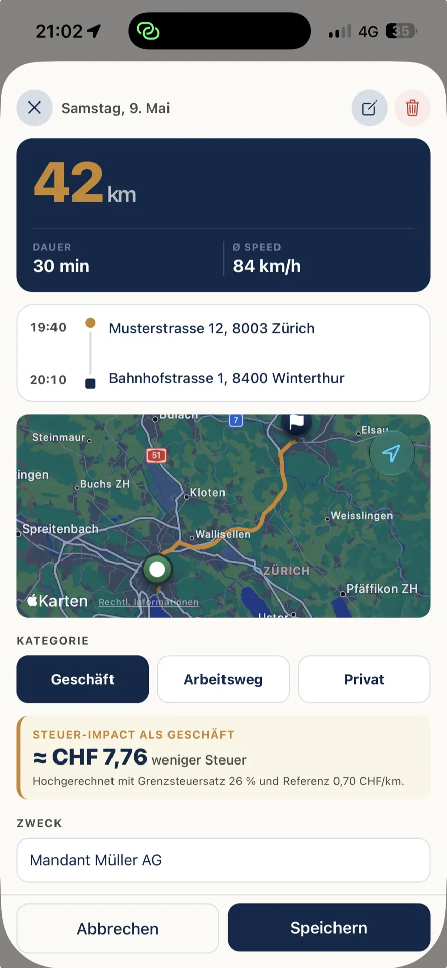 Fahrt-Detail in Kilometra: 42 km von Zürich nach Winterthur mit Karte, Kategorie-Auswahl und Steuer-Effekt