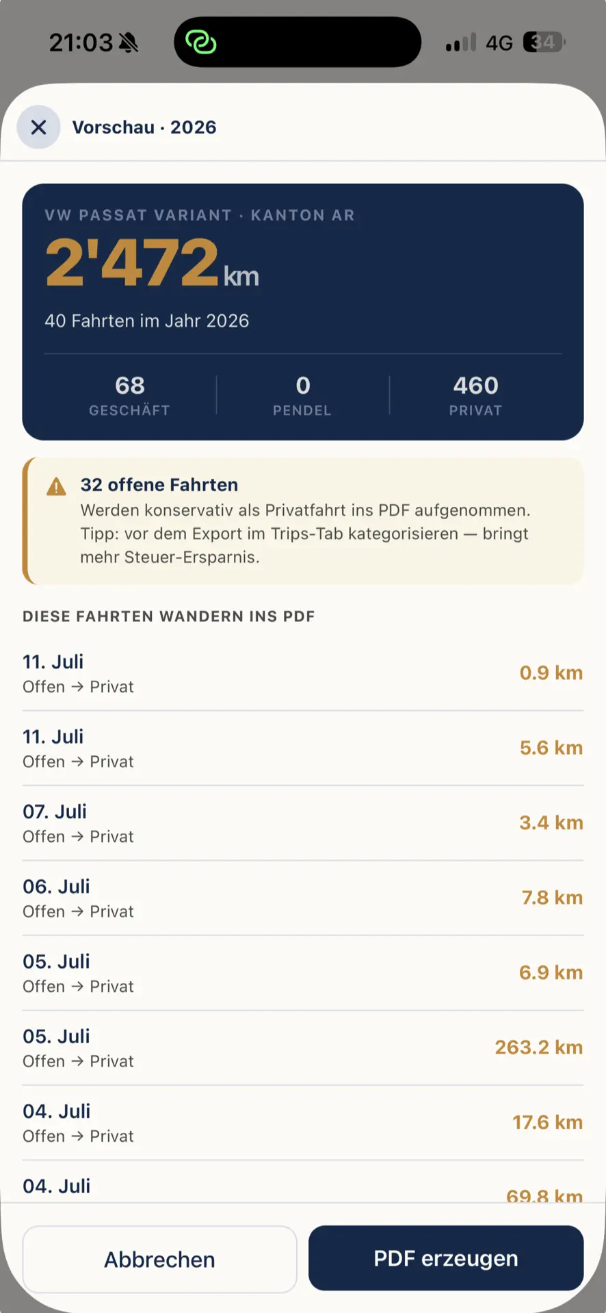 Export-Vorschau in Kilometra: Übersicht der Fahrten, die ins Steuer-PDF aufgenommen werden
